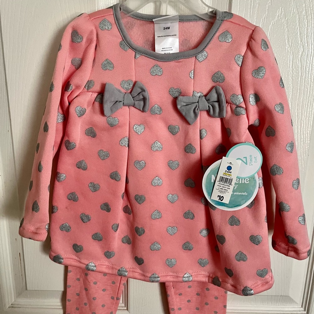 Pretty pink with silver hearts, toddler girl 2 piece.